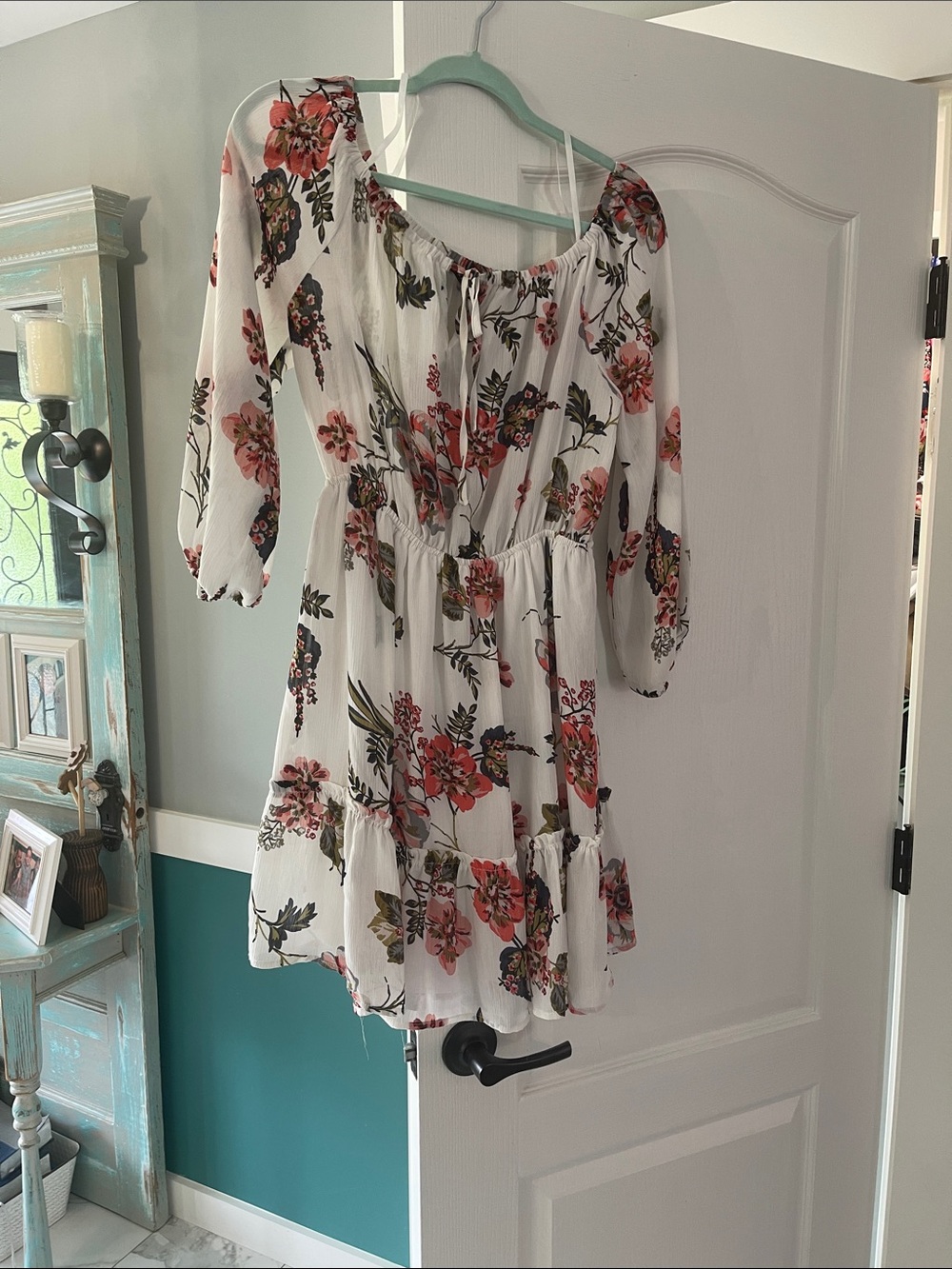 Doe & Rae White Floral Off-Shoulder Tiered Mini Dress with Pink and Green Blooms
